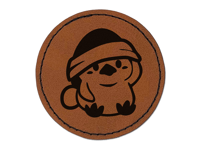 Baby Chick Chicken Christmas Santa Hat Round Iron-On Engraved Faux Leather Patch Applique - 2.5"