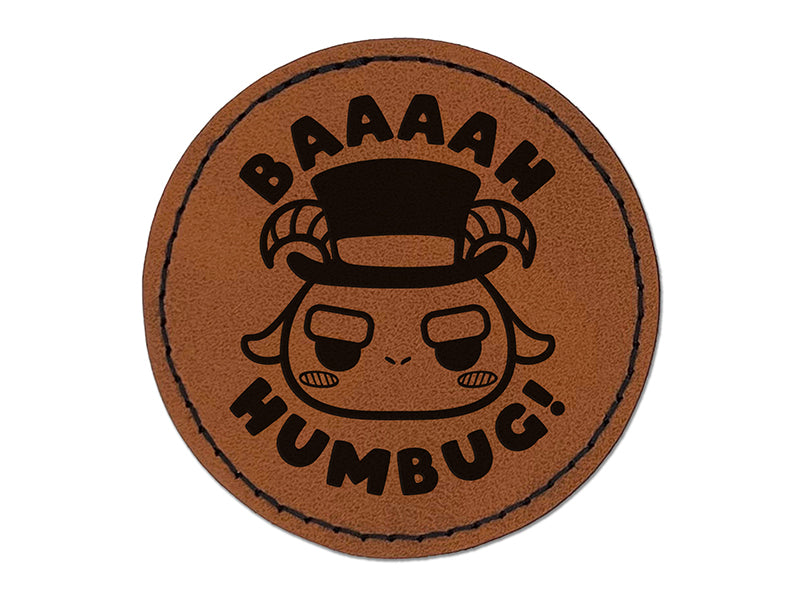 Bah Humbug Funny Christmas Pun Goat Round Iron-On Engraved Faux Leather Patch Applique - 2.5"