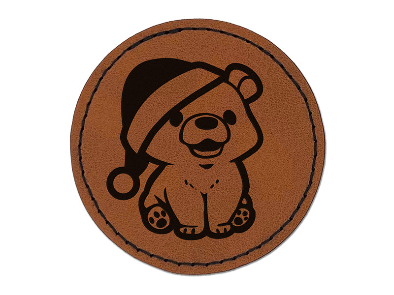 Christmas Bear Cub Santa Hat Round Iron-On Engraved Faux Leather Patch Applique - 2.5"
