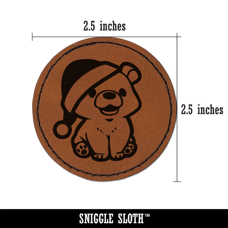 Christmas Bear Cub Santa Hat Round Iron-On Engraved Faux Leather Patch Applique - 2.5"