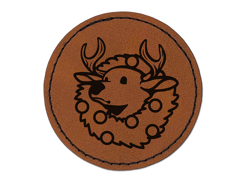 Christmas Deer Mount in Wreath Round Iron-On Engraved Faux Leather Patch Applique - 2.5"