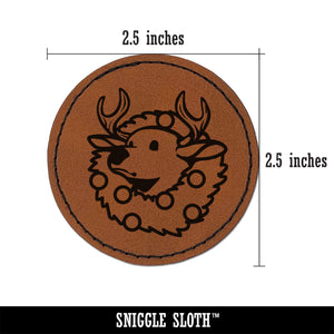 Christmas Deer Mount in Wreath Round Iron-On Engraved Faux Leather Patch Applique - 2.5"