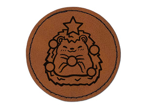 Christmas Hedgehog Tree Round Iron-On Engraved Faux Leather Patch Applique - 2.5"