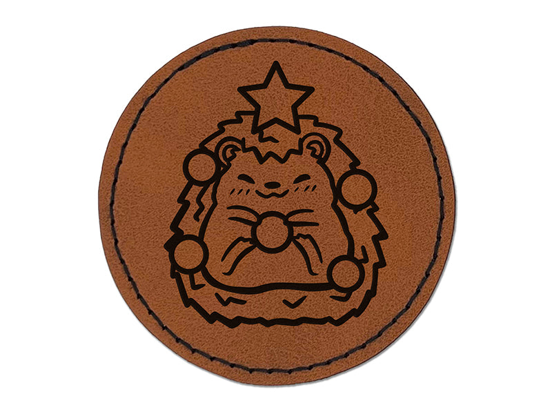 Christmas Hedgehog Tree Round Iron-On Engraved Faux Leather Patch Applique - 2.5"