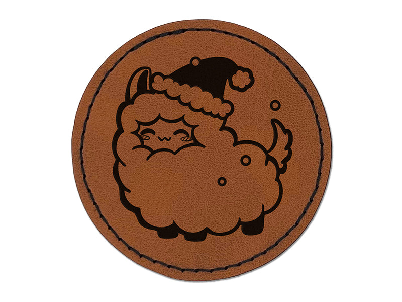 Christmas Llama Round Iron-On Engraved Faux Leather Patch Applique - 2.5"