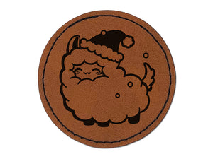 Christmas Llama Round Iron-On Engraved Faux Leather Patch Applique - 2.5"