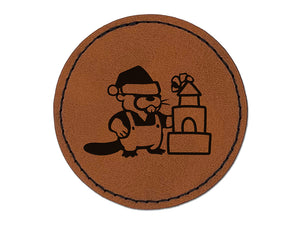 Christmas Santa Beaver Round Iron-On Engraved Faux Leather Patch Applique - 2.5"