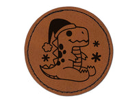 Christmas Santa Dinosaur T-Rex Round Iron-On Engraved Faux Leather Patch Applique - 2.5"