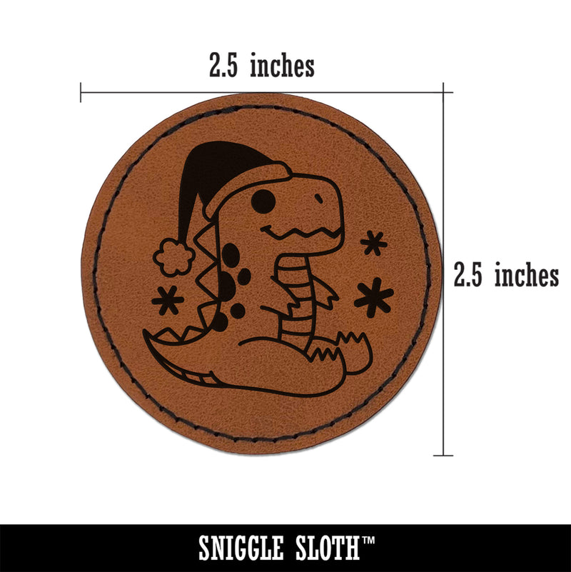 Christmas Santa Dinosaur T-Rex Round Iron-On Engraved Faux Leather Patch Applique - 2.5"