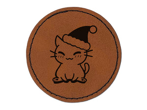 Christmas Sitting Cat Santa Hat Round Iron-On Engraved Faux Leather Patch Applique - 2.5"