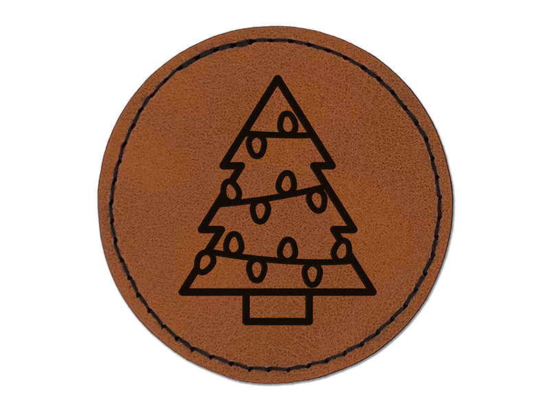 Christmas Tree with Lights Round Iron-On Engraved Faux Leather Patch Applique - 2.5"