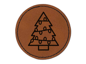 Christmas Tree with Lights Round Iron-On Engraved Faux Leather Patch Applique - 2.5"