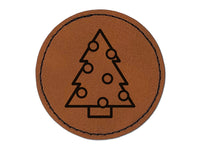 Christmas Tree with Round Ornaments Round Iron-On Engraved Faux Leather Patch Applique - 2.5"