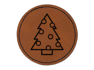 Christmas Tree with Round Ornaments Round Iron-On Engraved Faux Leather Patch Applique - 2.5"