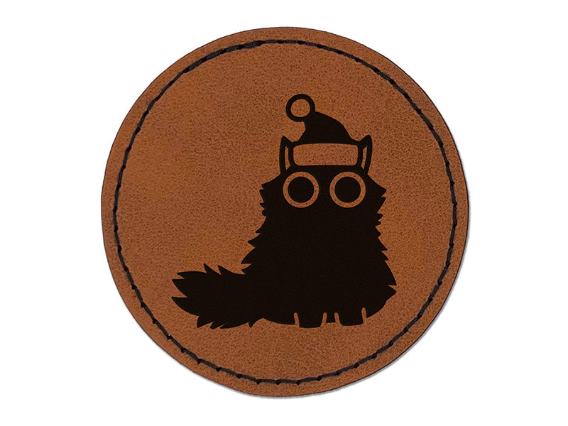 Fluffy Black Cat Santa Hat Christmas Round Iron-On Engraved Faux Leather Patch Applique - 2.5"