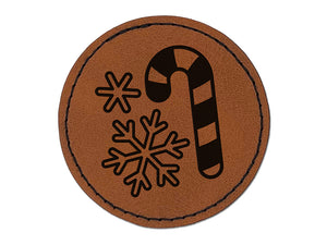 Holiday Christmas Candy Cane Snowflakes Round Iron-On Engraved Faux Leather Patch Applique - 2.5"