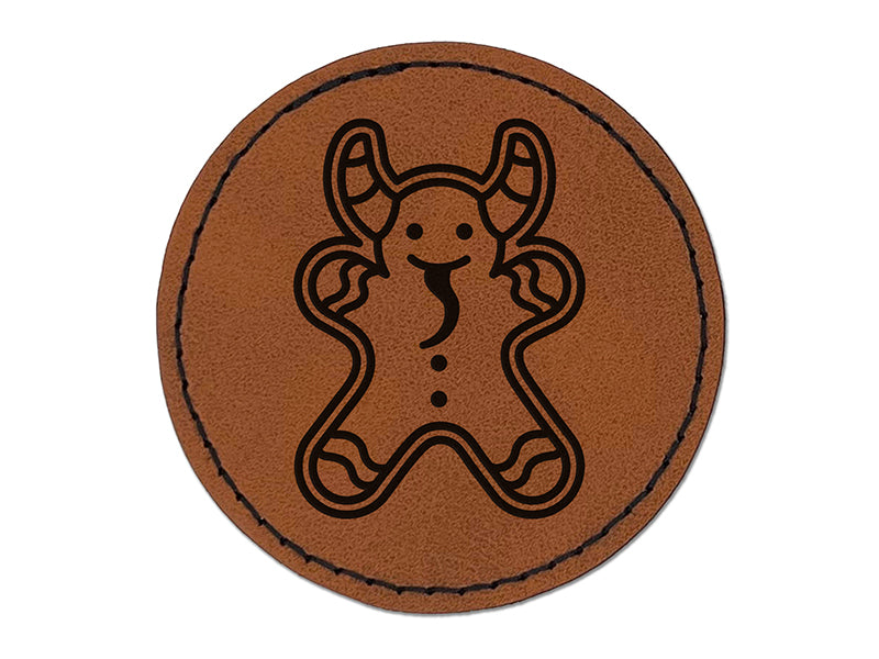 Krampus Gingerbread Cookie Christmas Holiday Round Iron-On Engraved Faux Leather Patch Applique - 2.5"