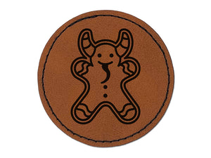 Krampus Gingerbread Cookie Christmas Holiday Round Iron-On Engraved Faux Leather Patch Applique - 2.5"