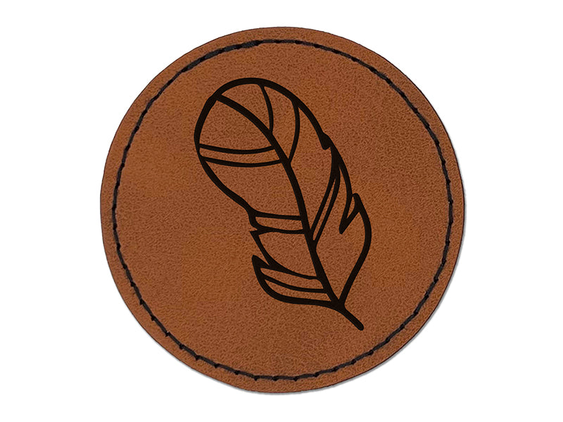 Plump Feather Round Iron-On Engraved Faux Leather Patch Applique - 2.5"