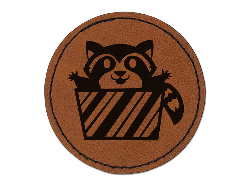 Raccoon Jumping Out Present Christmas Holiday Round Iron-On Engraved Faux Leather Patch Applique - 2.5"