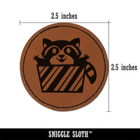 Raccoon Jumping Out Present Christmas Holiday Round Iron-On Engraved Faux Leather Patch Applique - 2.5"