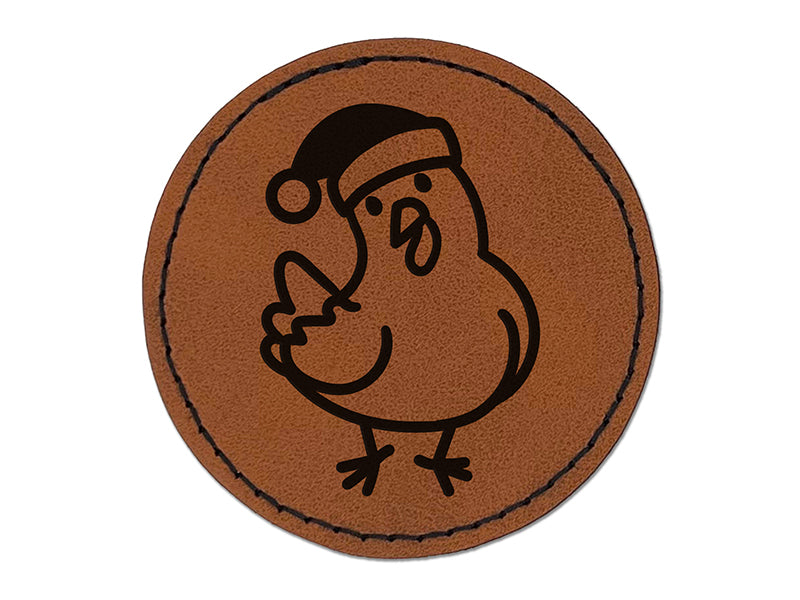 Santa Christmas Chicken Round Iron-On Engraved Faux Leather Patch Applique - 2.5"