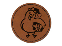 Santa Helper Elf Christmas Chicken with Present Round Iron-On Engraved Faux Leather Patch Applique - 2.5"