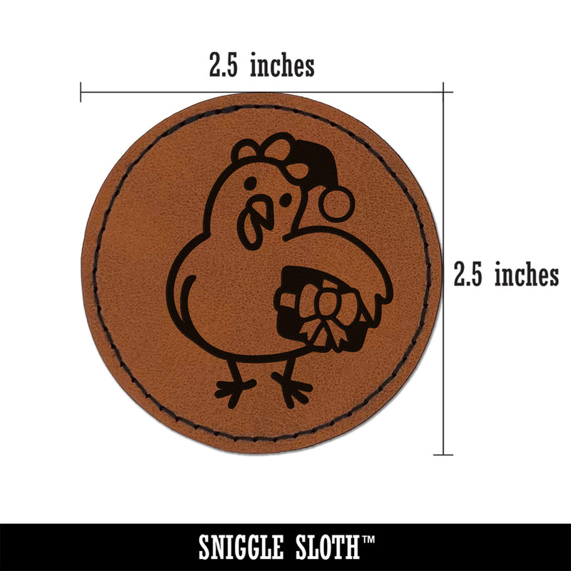 Santa Helper Elf Christmas Chicken with Present Round Iron-On Engraved Faux Leather Patch Applique - 2.5"