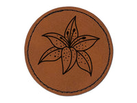 Pretty Tiger Lily Flower Round Iron-On Engraved Faux Leather Patch Applique - 2.5"