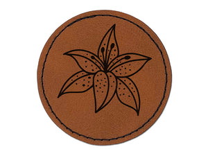 Pretty Tiger Lily Flower Round Iron-On Engraved Faux Leather Patch Applique - 2.5"