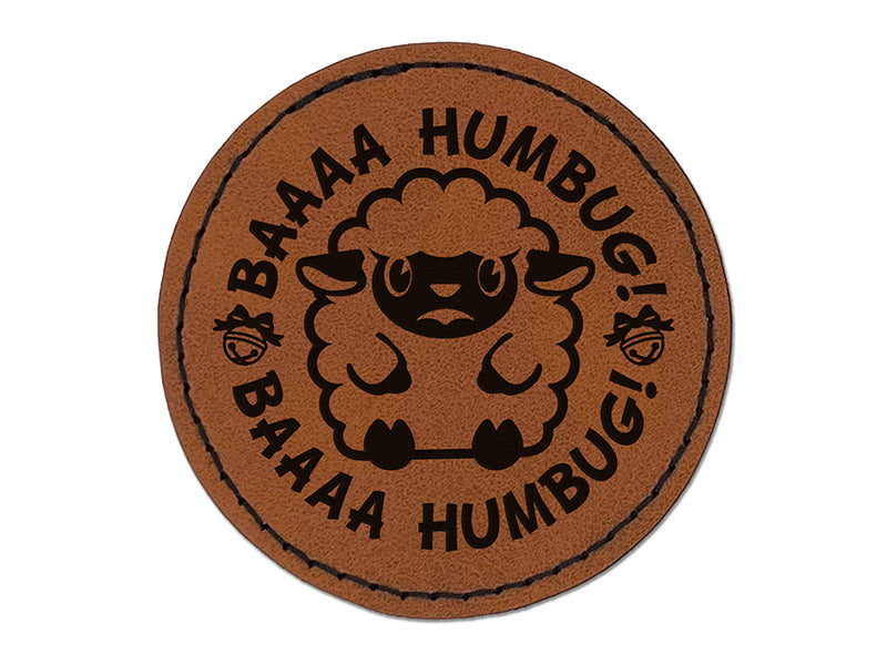Bah Humbug Grumpy Christmas Sheep Lamb Round Iron-On Engraved Faux Leather Patch Applique - 2.5"
