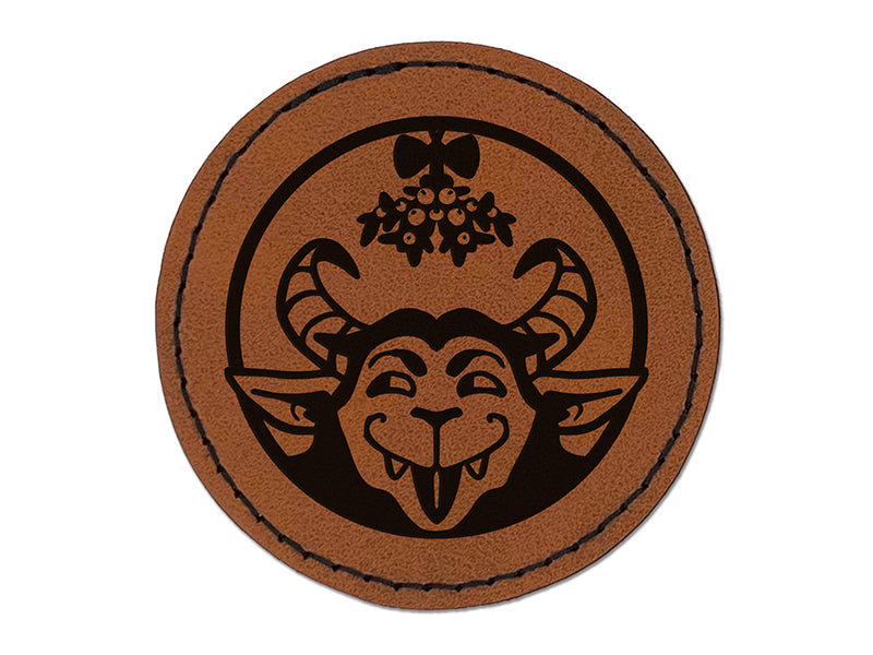 Cheeky Krampus Under Mistletoe Christmas Round Iron-On Engraved Faux Leather Patch Applique - 2.5"