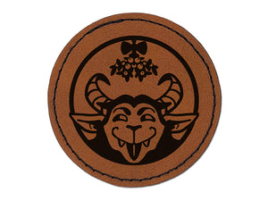 Cheeky Krampus Under Mistletoe Christmas Round Iron-On Engraved Faux Leather Patch Applique - 2.5"