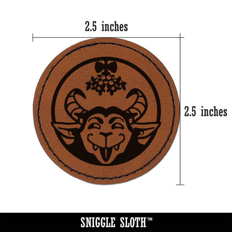 Cheeky Krampus Under Mistletoe Christmas Round Iron-On Engraved Faux Leather Patch Applique - 2.5"