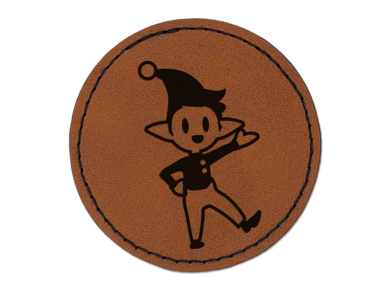 Cheerful Waving Christmas Elf Round Iron-On Engraved Faux Leather Patch Applique - 2.5"