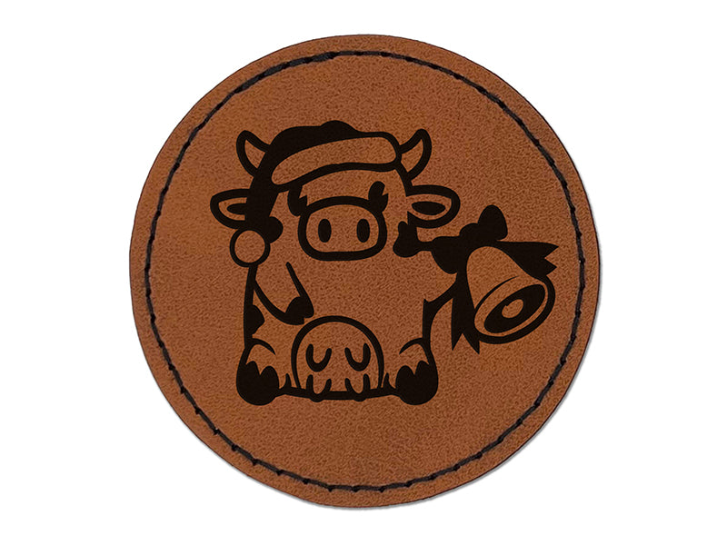 Christmas Cow Santa Hat Bell Round Iron-On Engraved Faux Leather Patch Applique - 2.5"