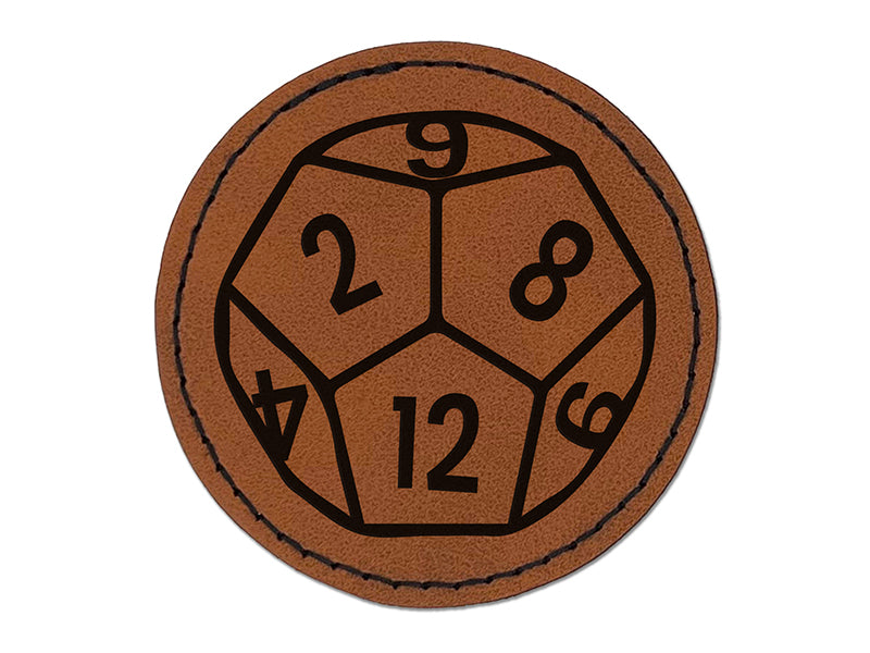 D12 12 Sided Gaming Gamer Dice Critical Role Round Iron-On Engraved Faux Leather Patch Applique - 2.5"