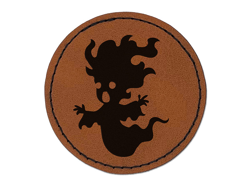 Haunted Halloween Ghost Banshee Monster Round Iron-On Engraved Faux Leather Patch Applique - 2.5"