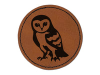 Inquisitive Barn Owl Round Iron-On Engraved Faux Leather Patch Applique - 2.5"