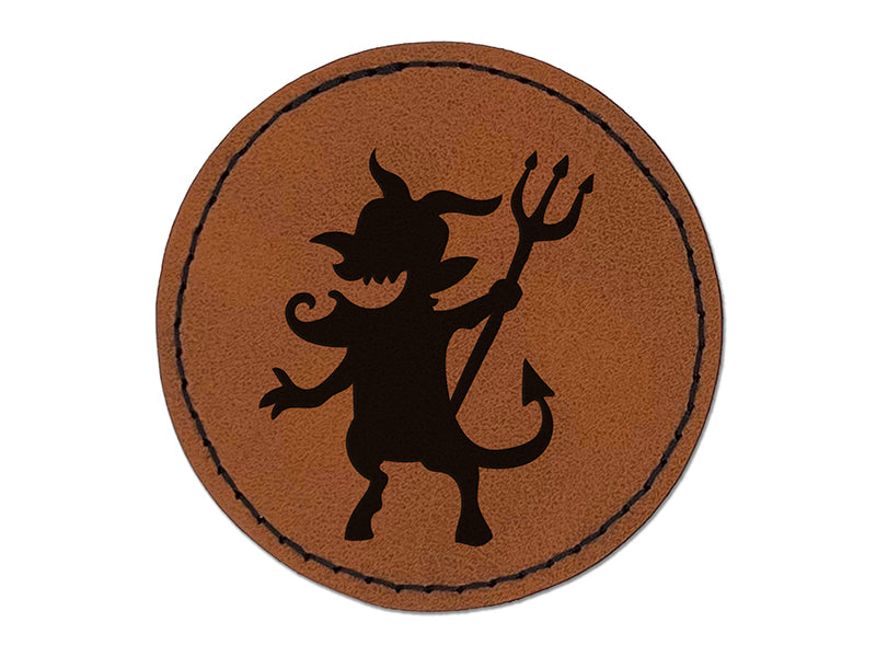 Mischievous Devil Demon Pitchfork Monster Halloween Round Iron-On Engraved Faux Leather Patch Applique - 2.5"