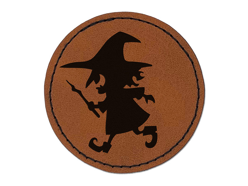 Mischievous Little Witch Wand Halloween Round Iron-On Engraved Faux Leather Patch Applique - 2.5"