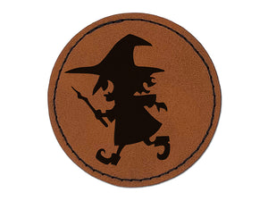 Mischievous Little Witch Wand Halloween Round Iron-On Engraved Faux Leather Patch Applique - 2.5"