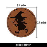 Mischievous Little Witch Wand Halloween Round Iron-On Engraved Faux Leather Patch Applique - 2.5"