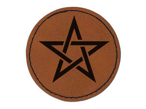 Pentacle Star Witch Wicca Occult Round Iron-On Engraved Faux Leather Patch Applique - 2.5"