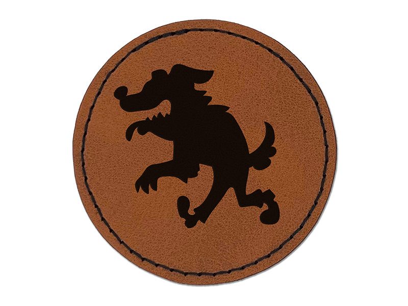 Scruffy Werewolf Dog Wolf Man Monster Halloween Round Iron-On Engraved Faux Leather Patch Applique - 2.5"