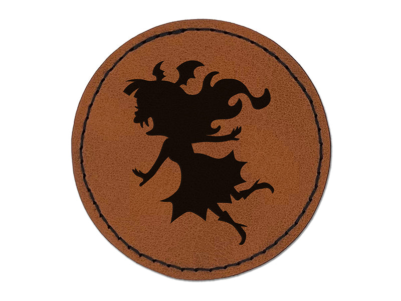 Vampire Girl Monster Halloween Round Iron-On Engraved Faux Leather Patch Applique - 2.5"