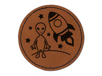 Alien and Rocket Space Round Iron-On Engraved Faux Leather Patch Applique - 2.5"