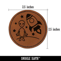 Alien and Rocket Space Round Iron-On Engraved Faux Leather Patch Applique - 2.5"