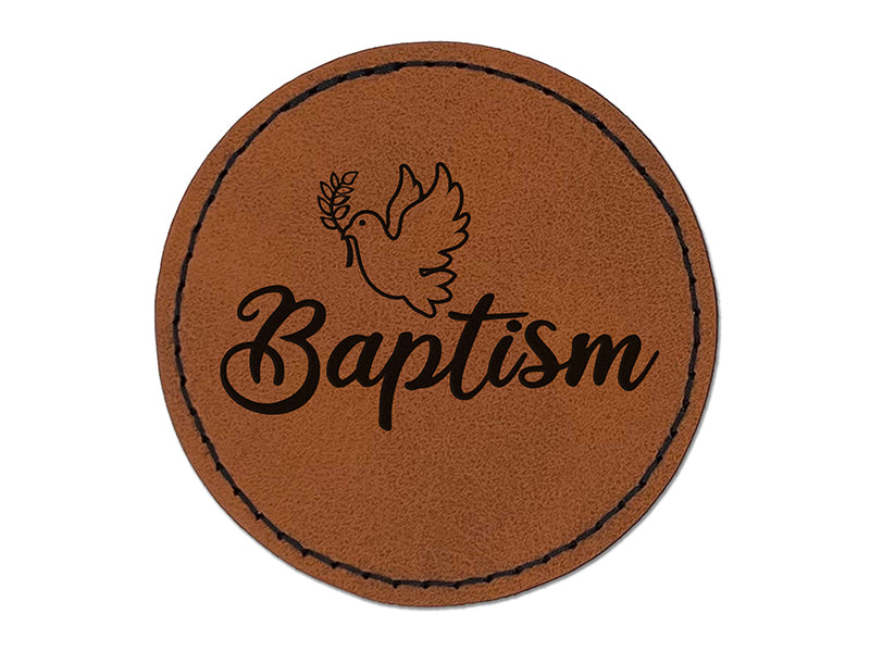 Baptism Dove Christening Round Iron-On Engraved Faux Leather Patch Applique - 2.5"
