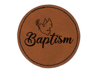 Baptism Dove Christening Round Iron-On Engraved Faux Leather Patch Applique - 2.5"